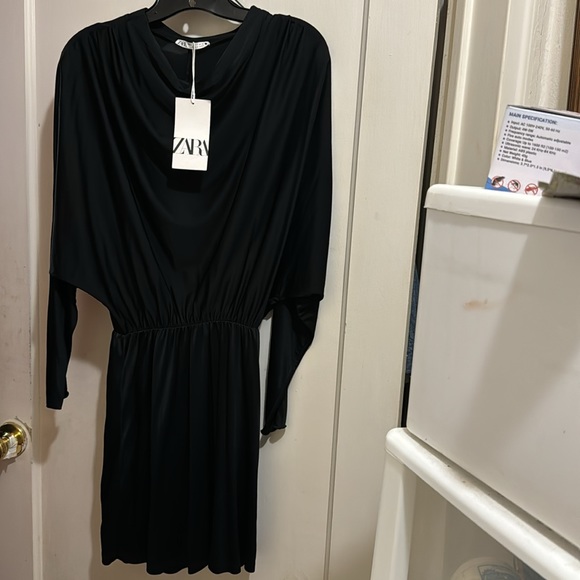 NWT Zara Black Mini Dress with Batwing sleeves, draped neck! Size S US - Picture 6 of 6